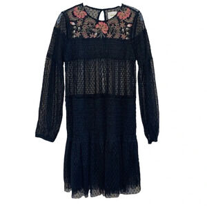 Maeve Floral Dress Women’s S Embroidered Whimsigoth Sheer Smocked Black Lace